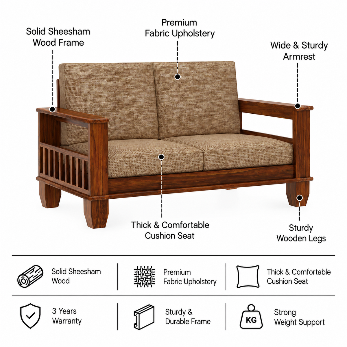Maharaja Solid Sheesham Wood 2 Seater Sofa - 3 Years Warranty features