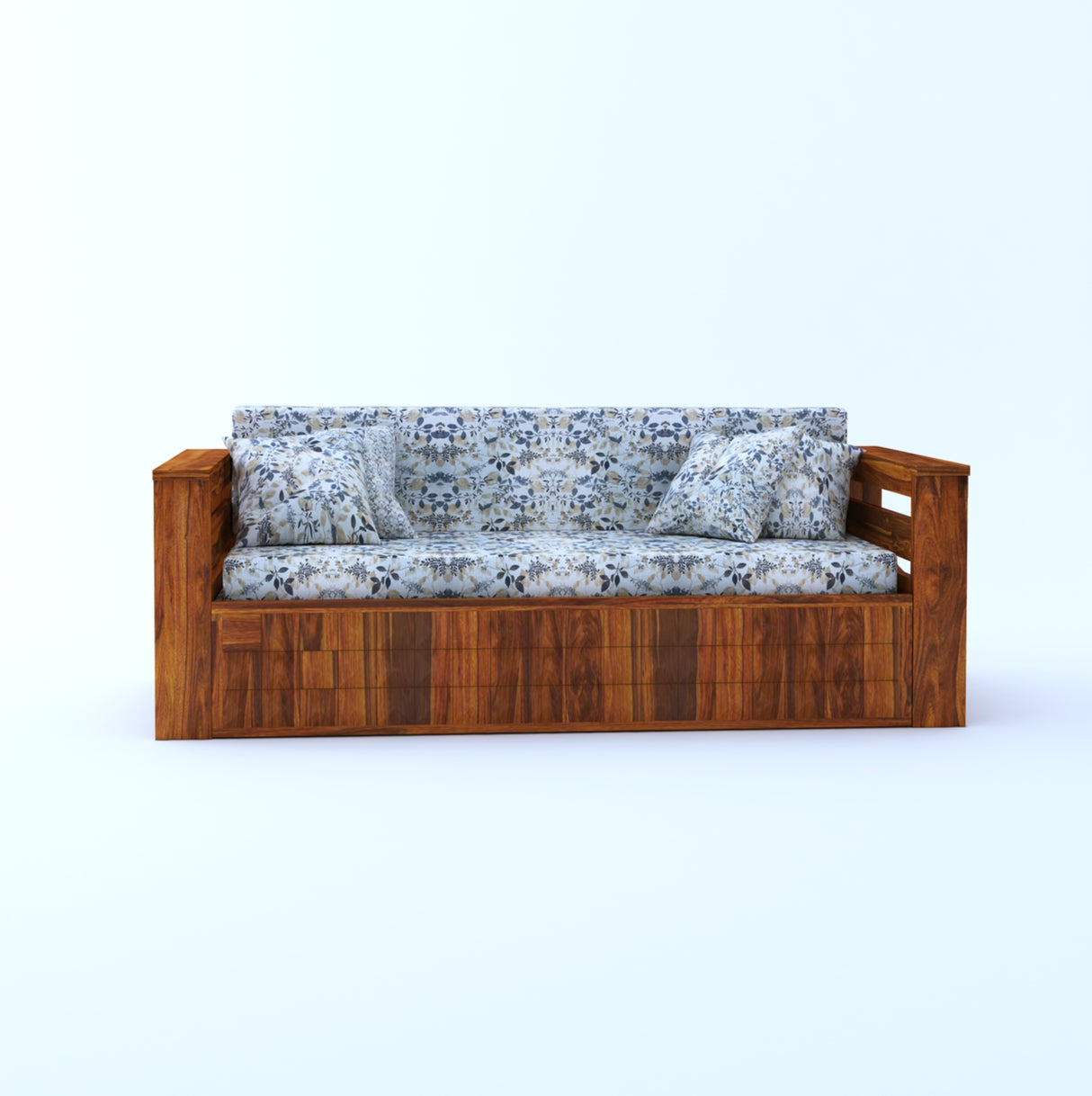 OSLO Solid Sheesham Wood 3 Seater Sofa Cum Bed With Side Pockets FLORAL - 3 Years Warranty