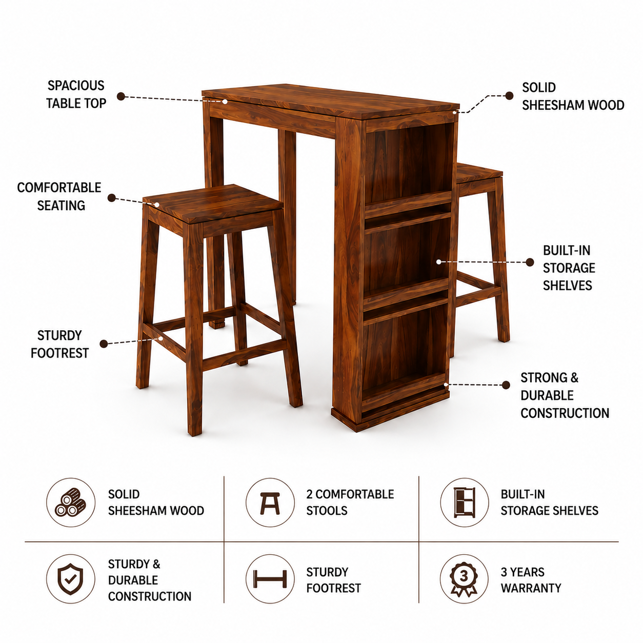 Foster Solid Sheesham Wood Bar Table With Two Stools - 3 Years Warranty features