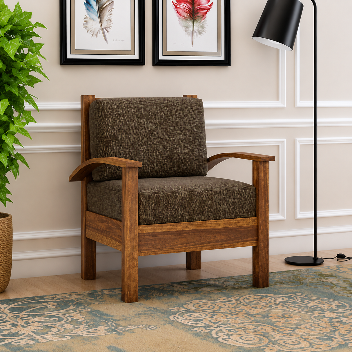 DELTA Solid Sheesham Wood Single Seater Sofa - 3 Year Warranty (LUXE EDITION)