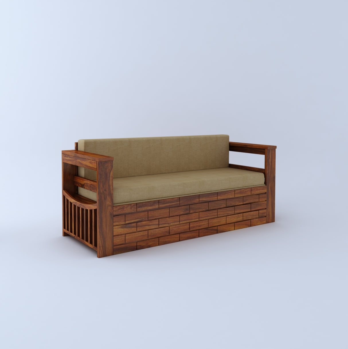 Italian Solid Sheesham Wood 3 Seater Sofa Cum Bed With Headboard and Mini Storage - 3 Year Warranty