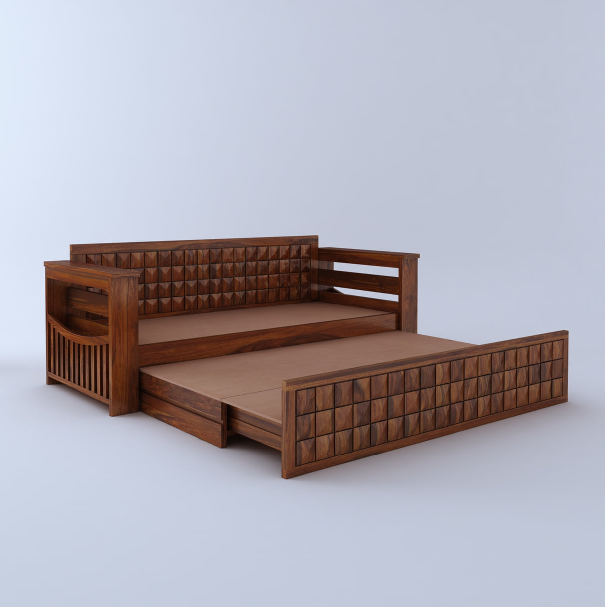 OSLO Solid Sheesham Wood 3 Seater Sofa Cum Bed With Headboard and Mini Storage - 3 Years Warranty