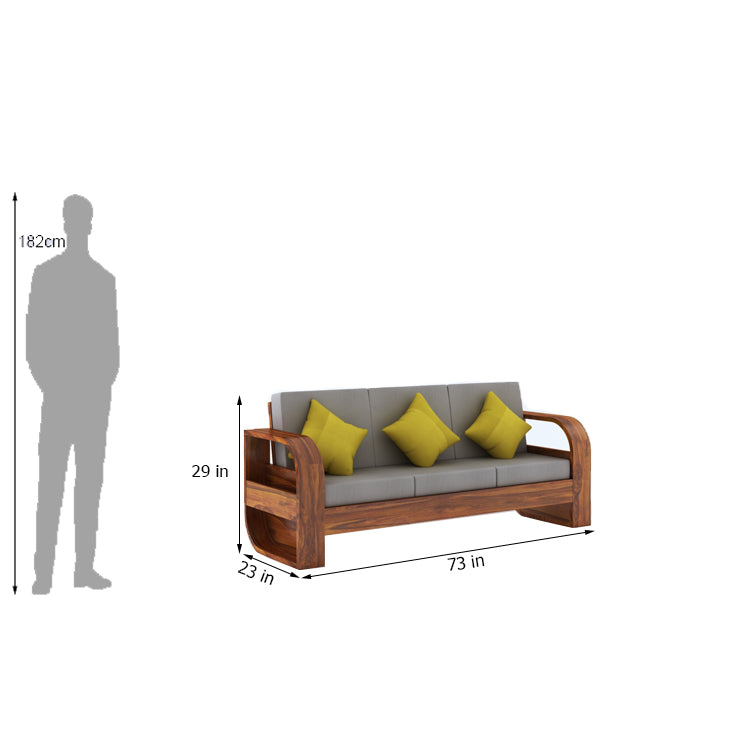 Crew Solid Sheesham Wood 3 Seater Sofa With Side Pocket - 3 Years Warranty
