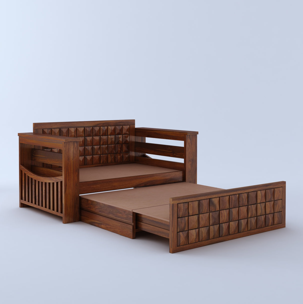 OSLO Solid Sheesham Wood 2 Seater Sofa Cum Bed With Headboard and Mini Storage - 3 Years Warranty