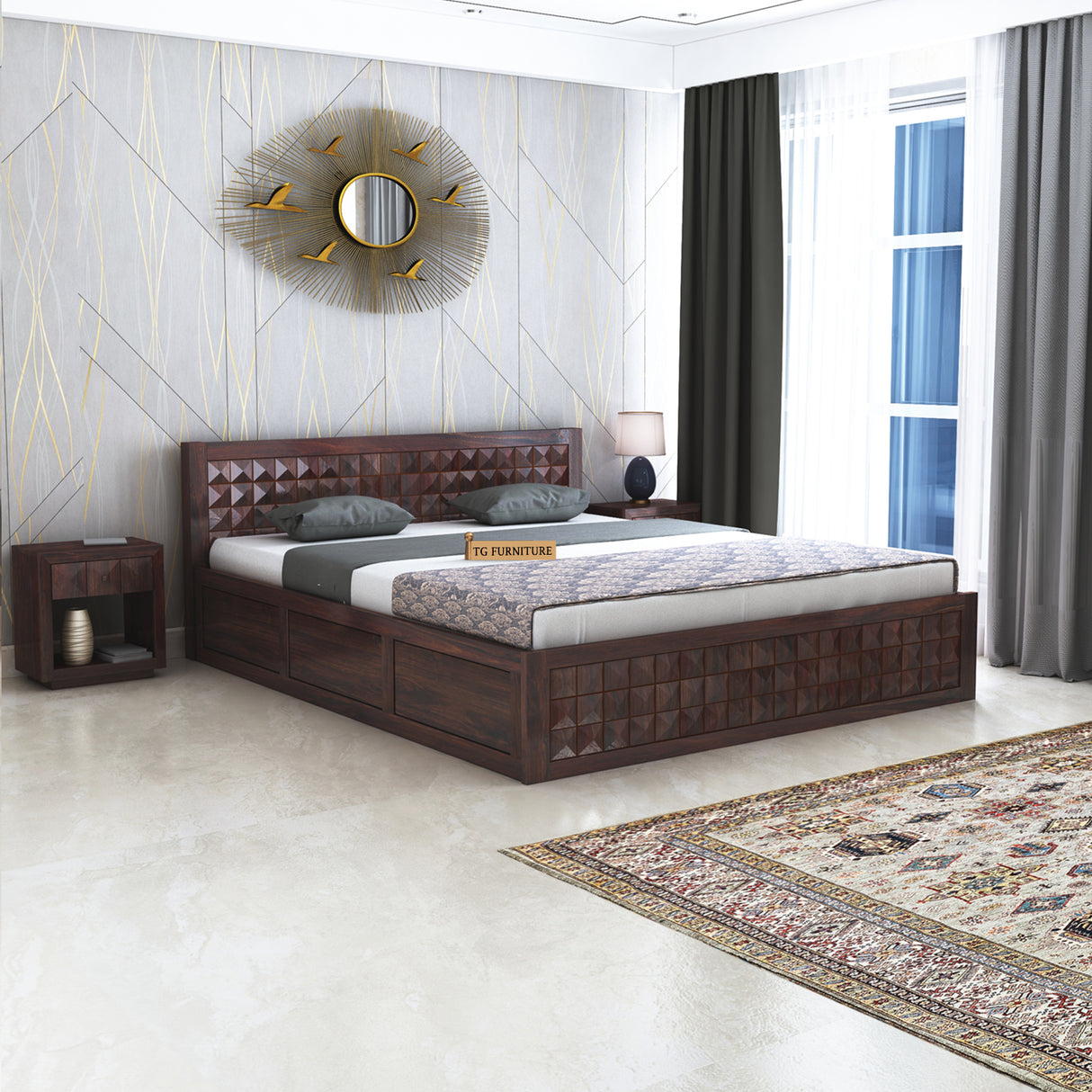 Oslo Diamond Solid Sheesham Wood Full Box Storage Bed - 3 Years Warranty