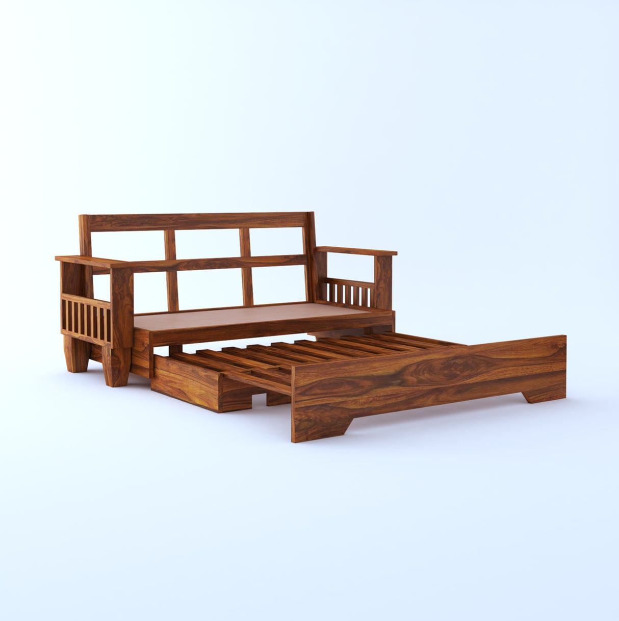 Maharaja Solid Sheesham Wood 3 Seater Sofa Cum Bed With Side Pockets FLORAL - 3 Years Warranty