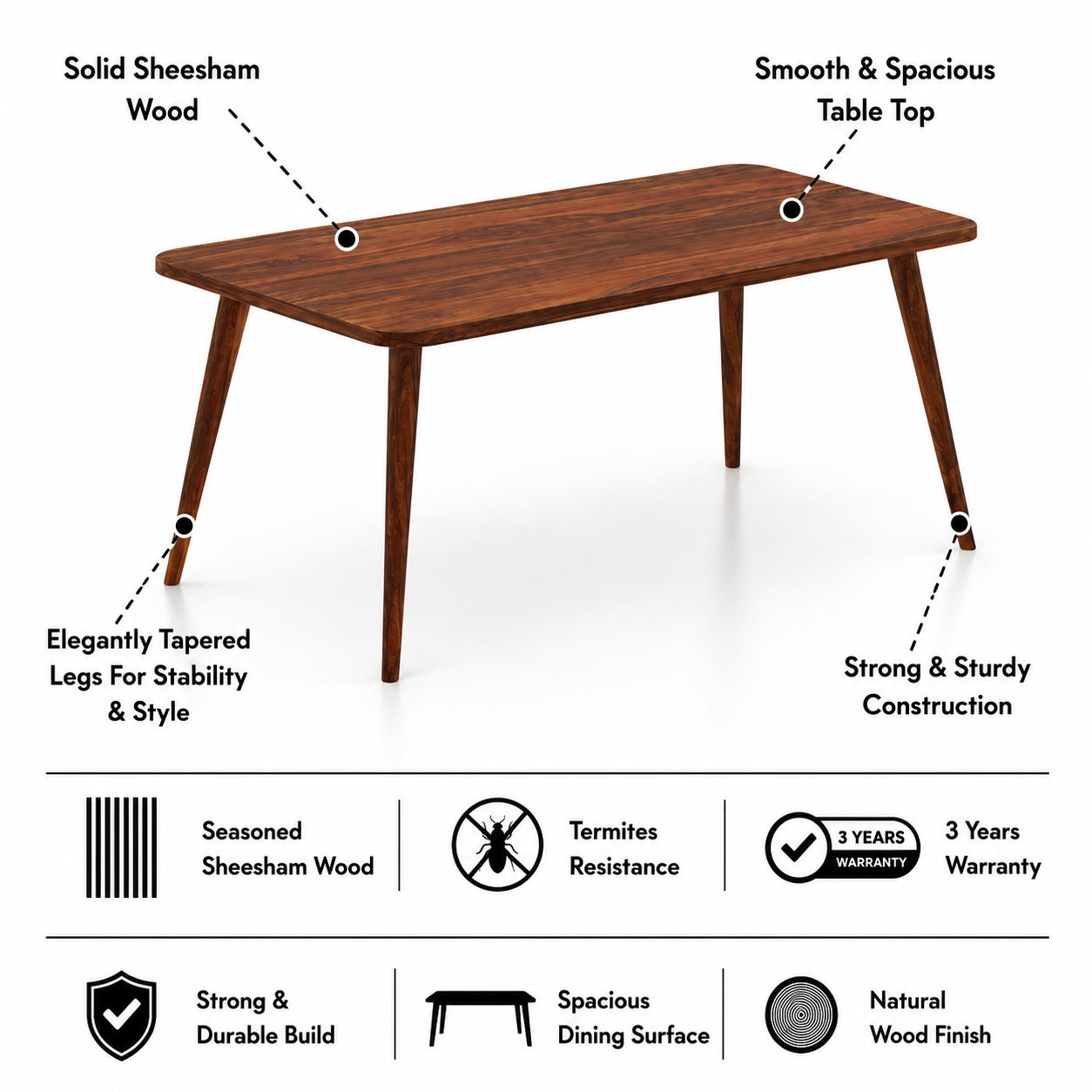 Oval Solid Sheesham Wood 6 Seater Dining Table Set - 3 Years Warranty features