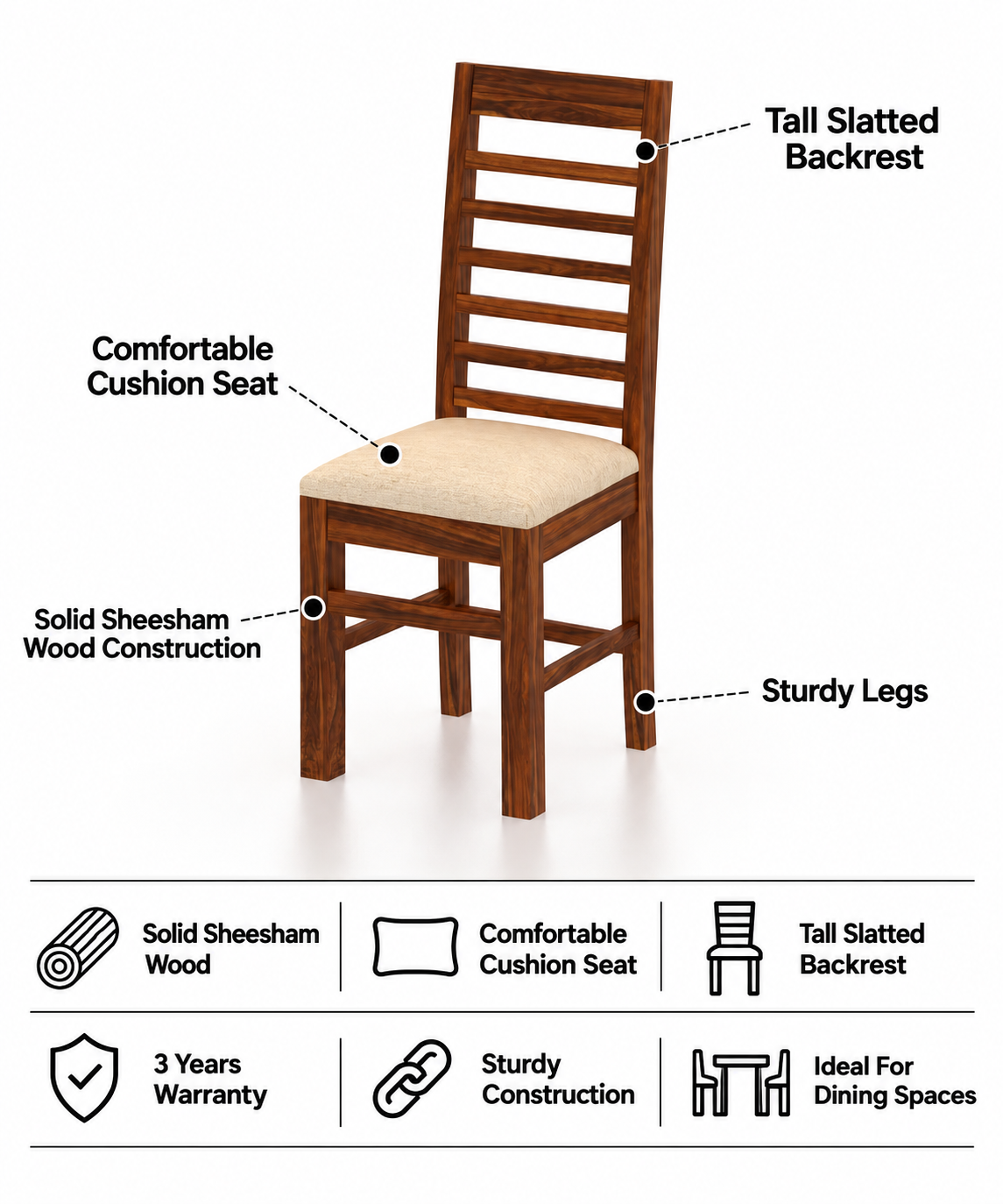 Maurus Oval Solid Sheesham Wood Office/Study/Dining Chair - 3 Years Warranty
