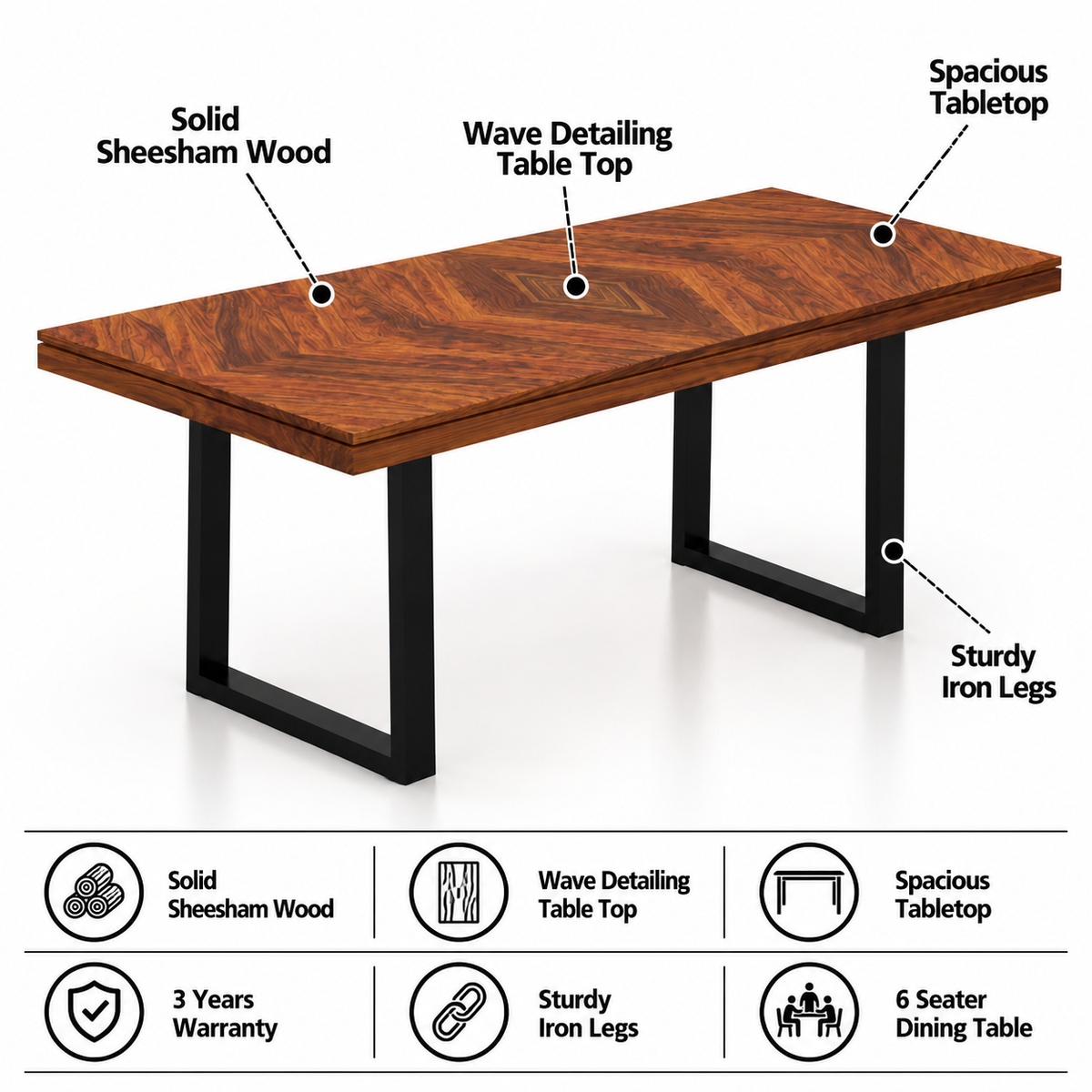 Wave Solid Sheesham Wood 6 Seater Dining Table - 3 Years Warranty