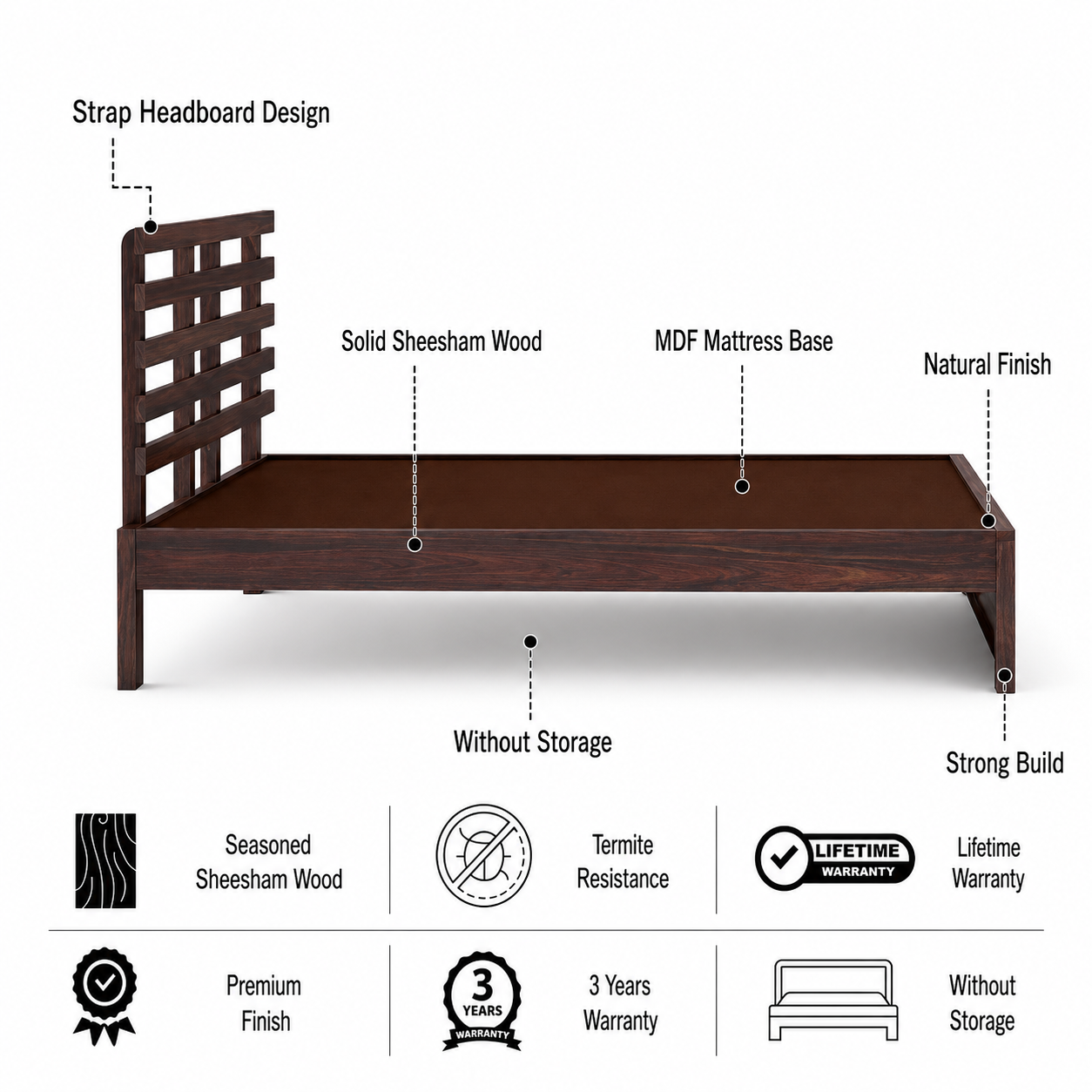 Strap Solid Sheesham Wood Bed Without Storage - 3 Years Warranty features