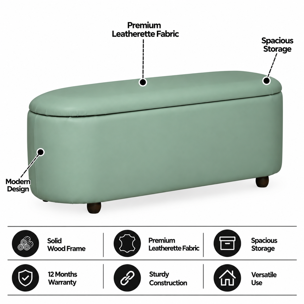 ROMAN Upholstered Ottoman Bench With Storage - 12 Months Warranty(Oasis) features