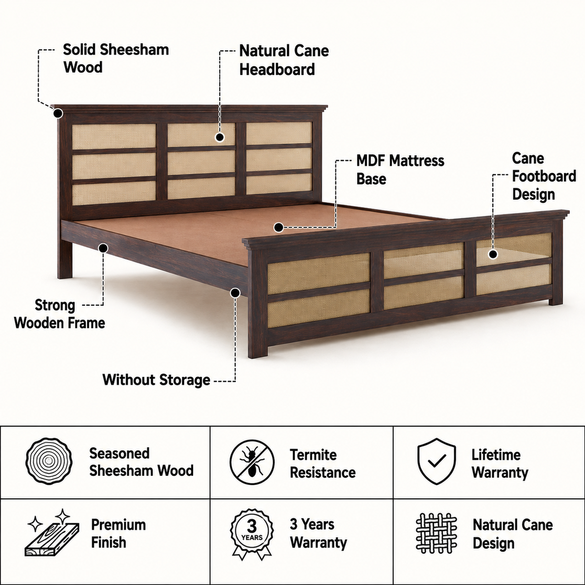 Syrus Solid Sheesham Wood Cane Bed - 3 Years Warranty features