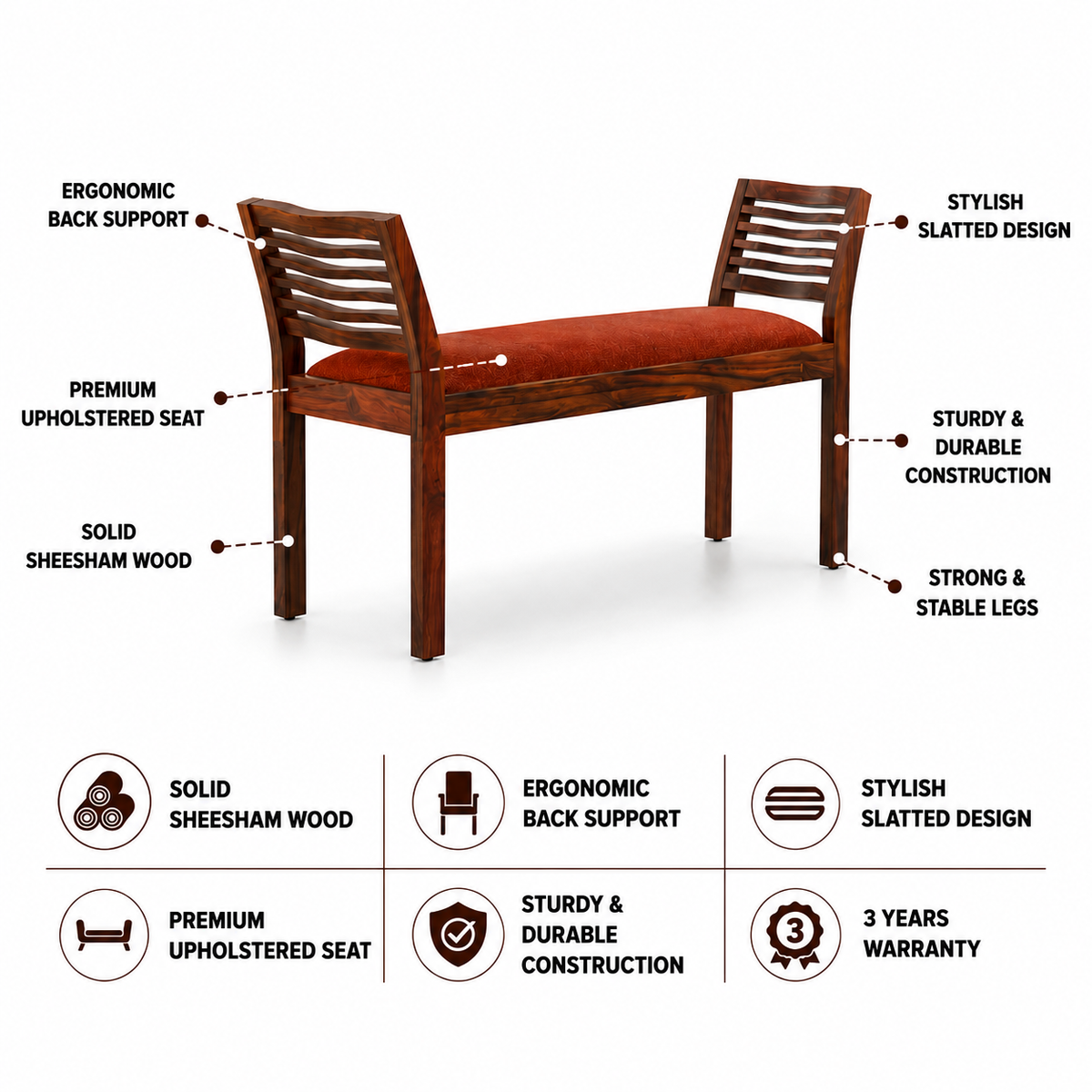 Mayor Solid Sheesham Wood Bench - 3 Years Warranty features