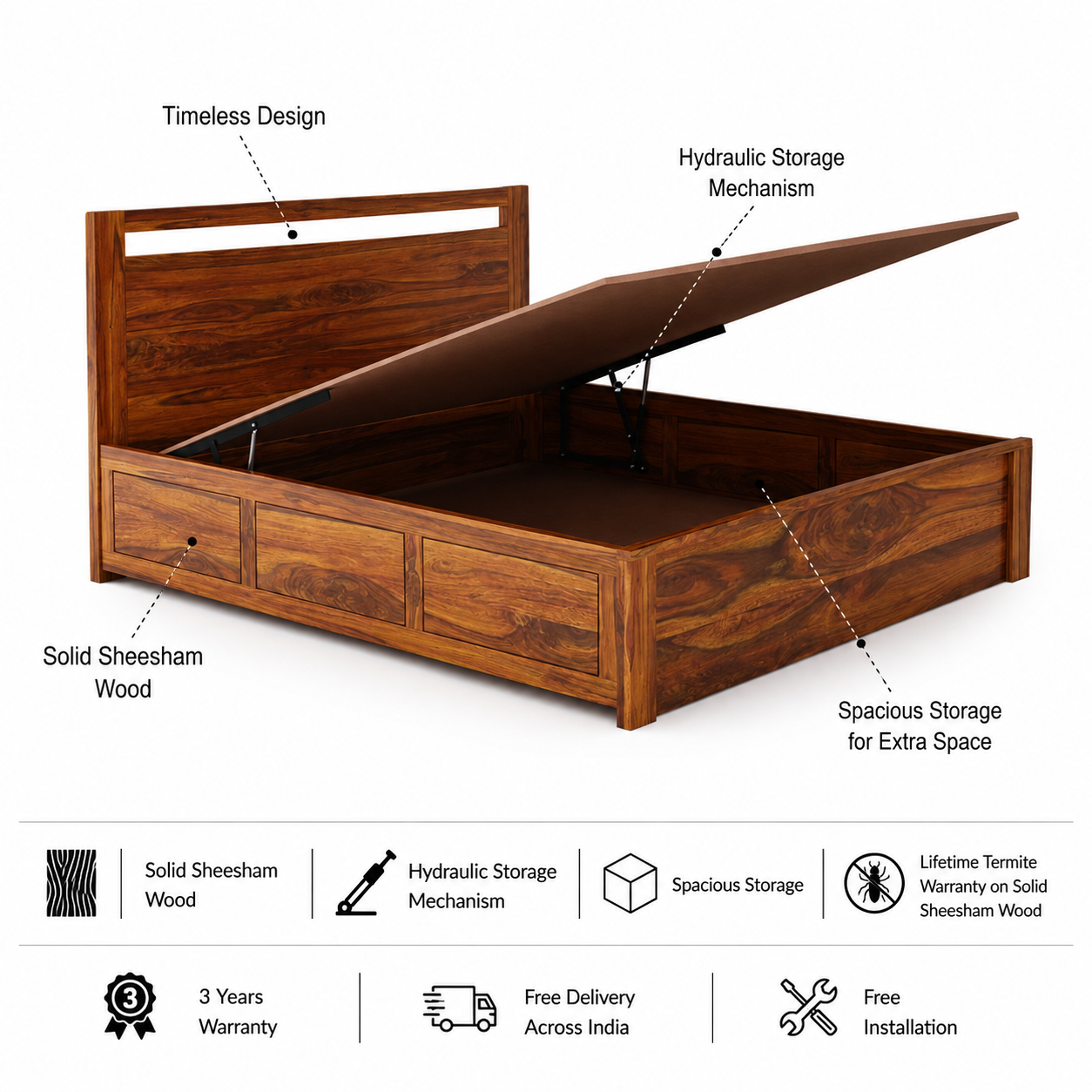 Jaipur Solid Sheesham Wood Hydraulic Storage Bed - 3 Years Warranty features