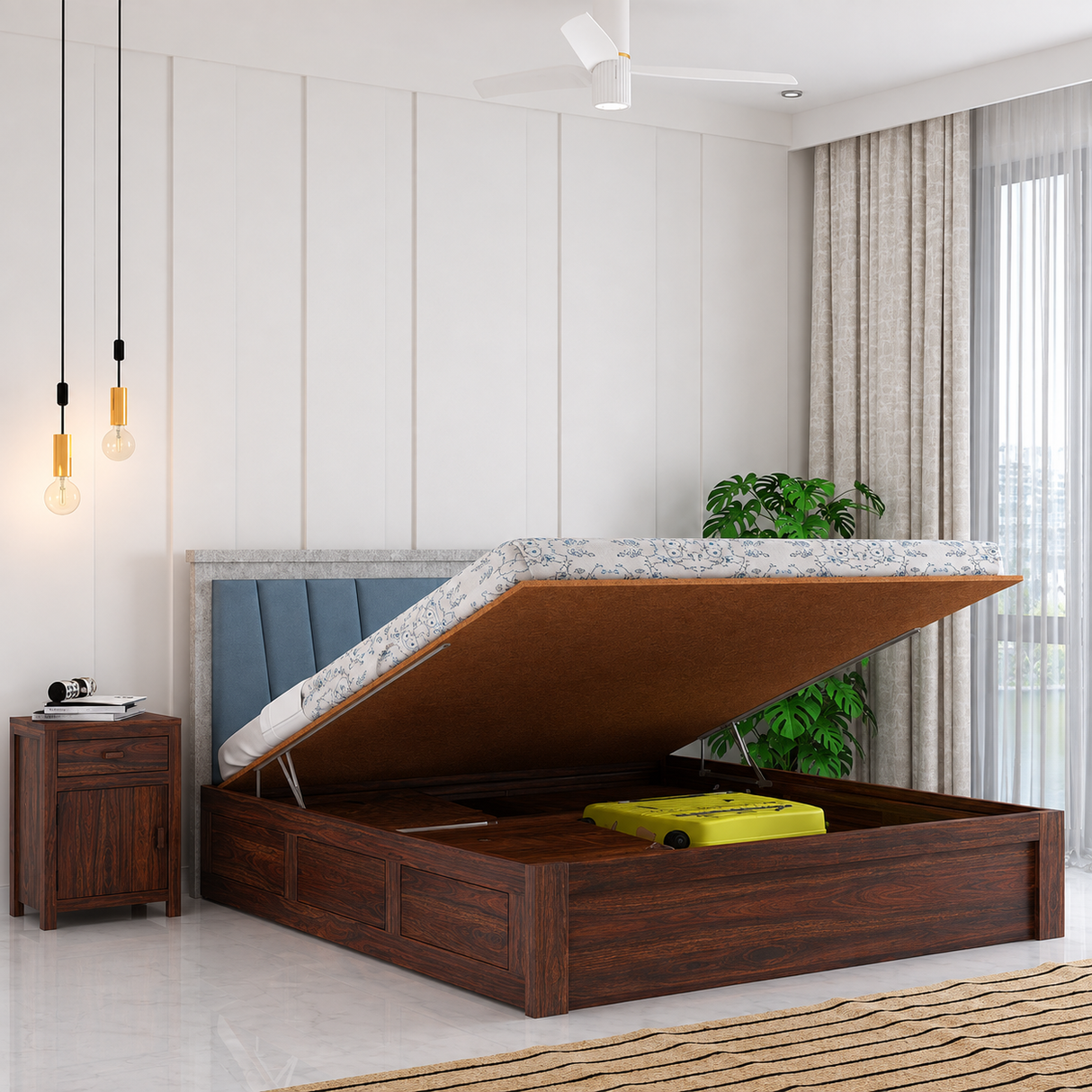 Emporio Solid Sheesham Wood Bed With Hydraulic Box Storage & Upholstered Headboard-3 years Warranty(LUXE EDITION)