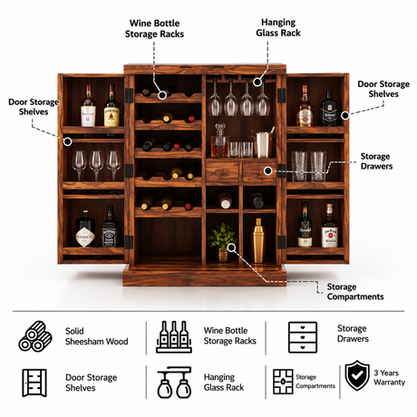 Olso Wine Cabinet in Solid Sheesham Wood - BIG - 3 Years Warranty