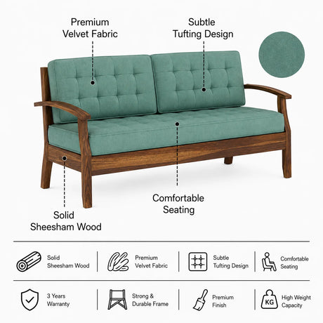 RAYON Solid Sheesham Wood 3 Seater Sofa - 3 Year Warranty (LUXE EDITION)