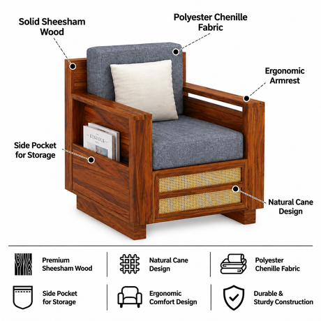 Syrus Solid Sheesham Wood Single Seater Sofa With Side Pocket and Cane Design - 3 Years Warranty
