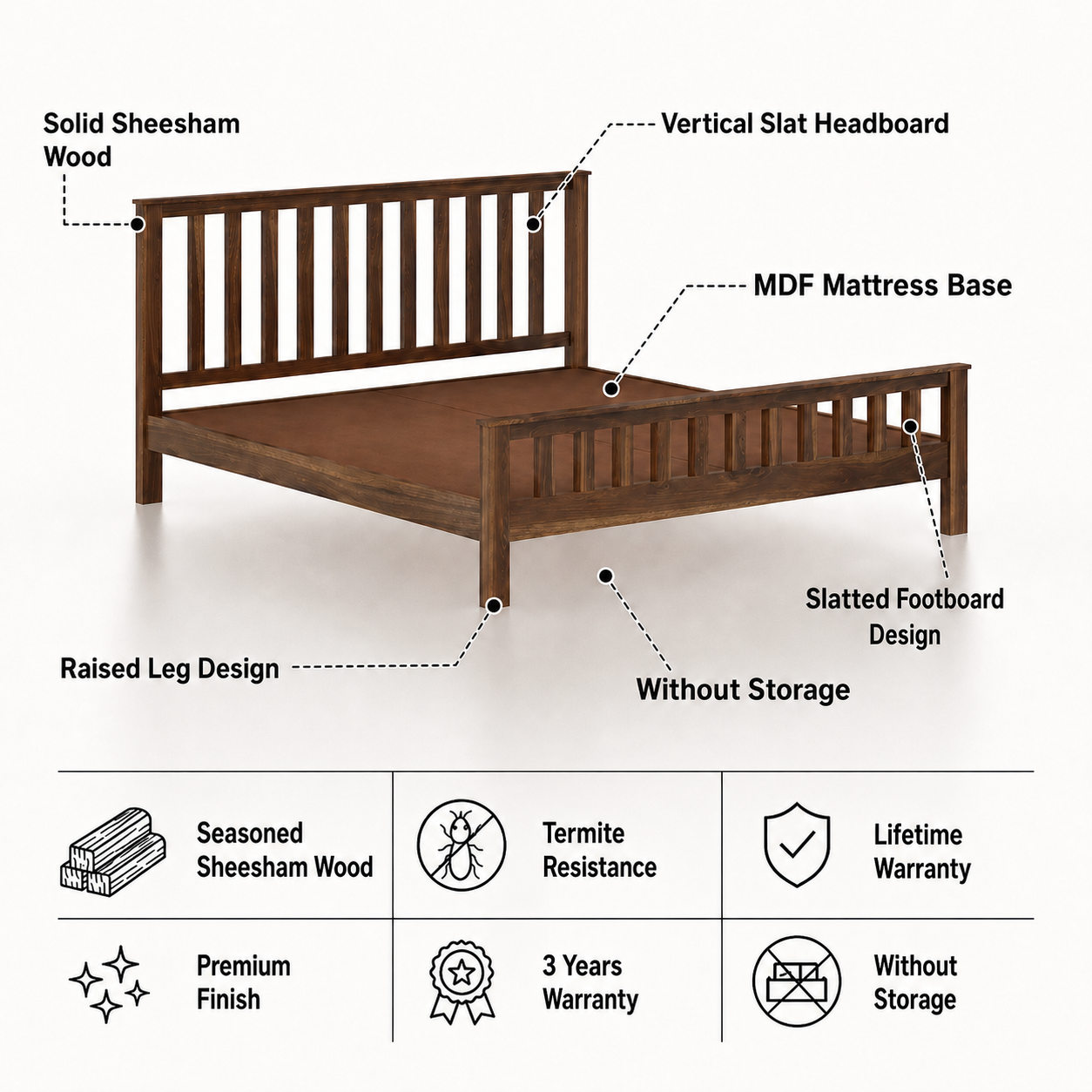 Cairo Solid Sheesham Wood Without Storage Bed - 3 Years Warranty features