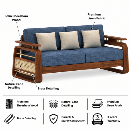 Edin Solid Sheesham Wood 3 Seater Sofa With Cane & Brass Detailing - 3 Year Warranty (LUXE EDITION)