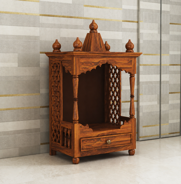 Vinayaka Solid Sheesham Wood Temple/Mandir With One Drawer Storage - 3 Years Warranty