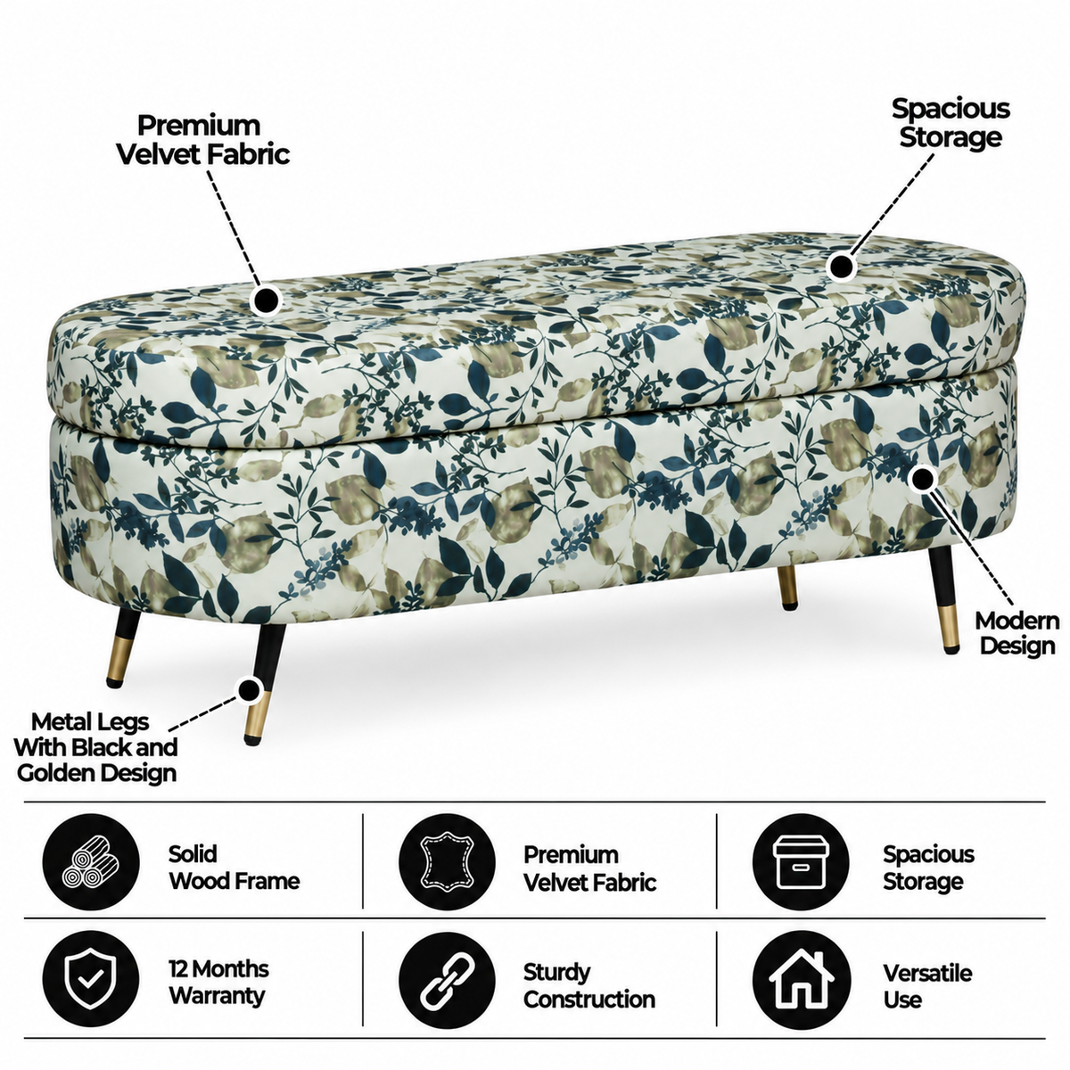 RYKER Upholstered Ottoman Bench With Storage - 12 Months Warranty(Floral)