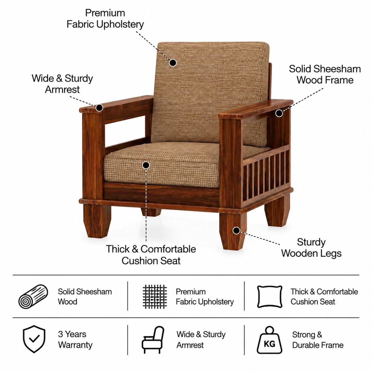 Maharaja Solid Sheesham Wood Single Seater Sofa - 3 Years Warranty features