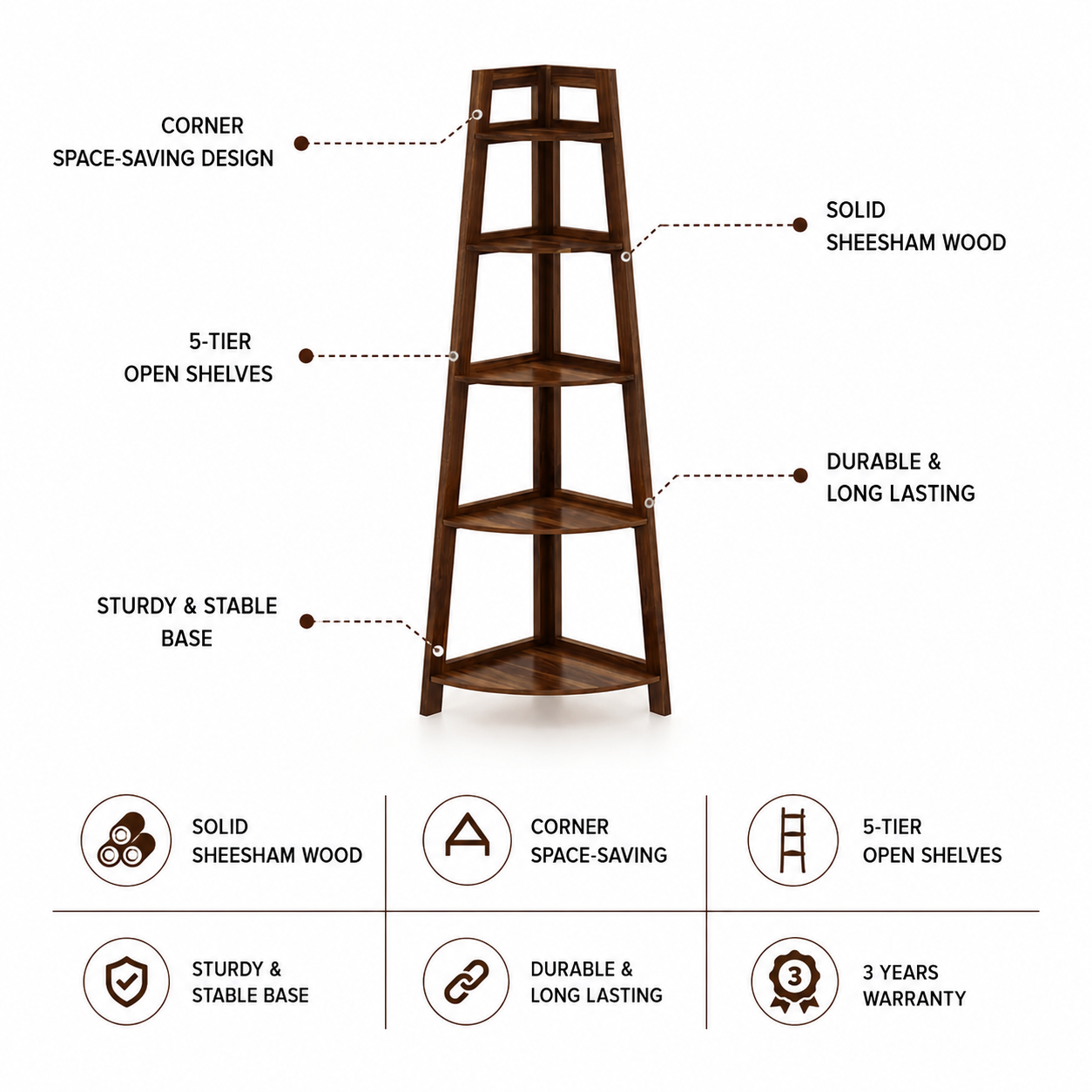 Italian Solid Sheesham Wood Corner Shelf - 3 Years Warranty features