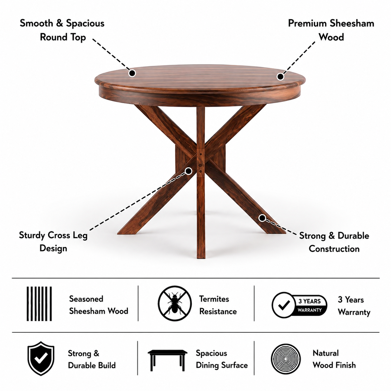 Rio Solid Sheesham Wood Round 4 Seater Dining Table - 3 Years Warranty features