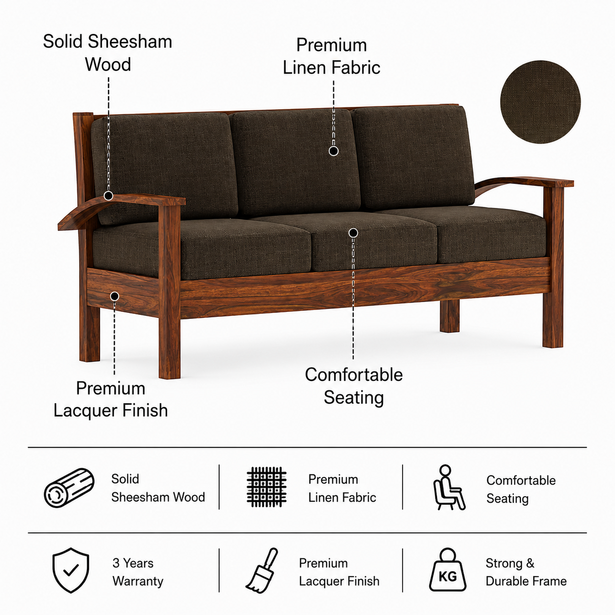 DELTA Solid Sheesham Wood 3 Seater Sofa - 3 Year Warranty (LUXE EDITION) features