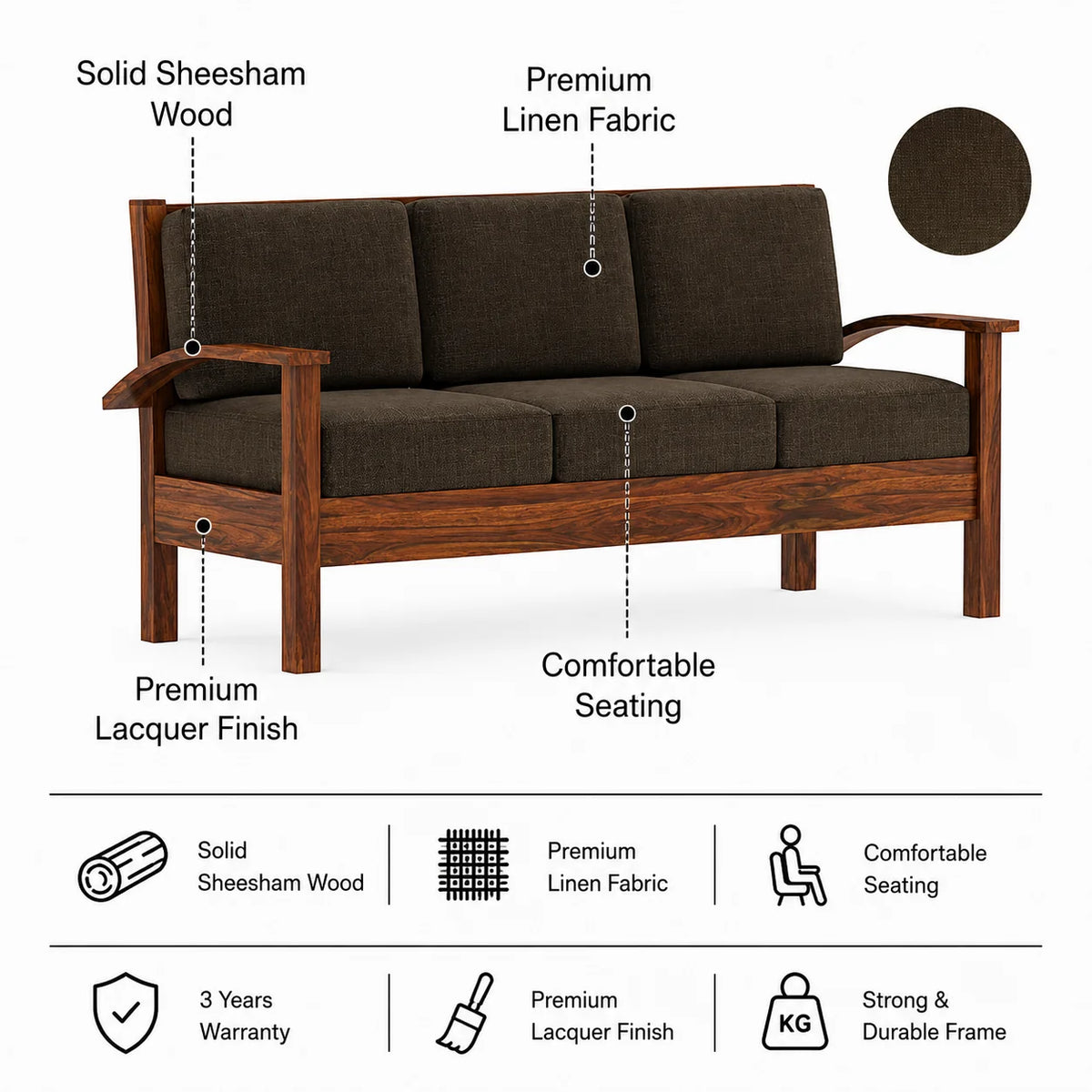 DELTA Solid Sheesham Wood 3 Seater Sofa - 3 Year Warranty (LUXE EDITION)