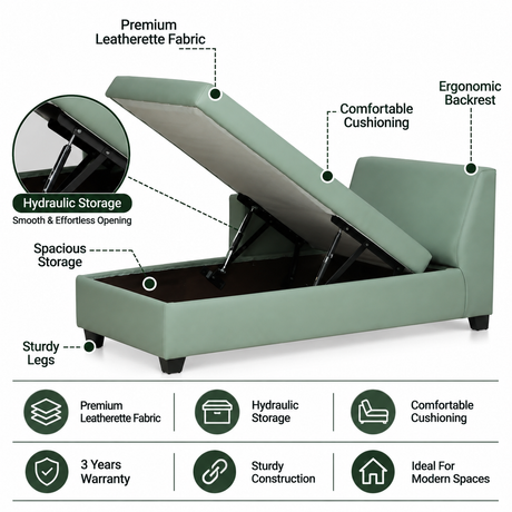 Mayor Leatherette Fabric LHS Lounger With Hydraulic Storage In Oasis Color