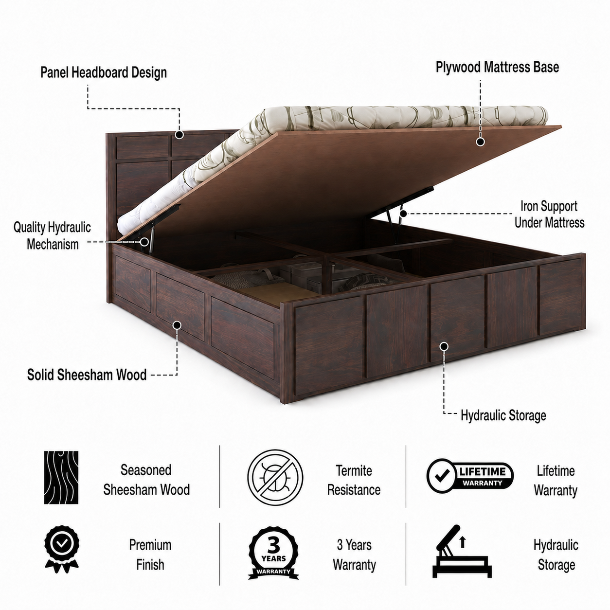 Scott Solid Sheesham Wood Bed With Hydraulic Storage - 3 Years Warranty features