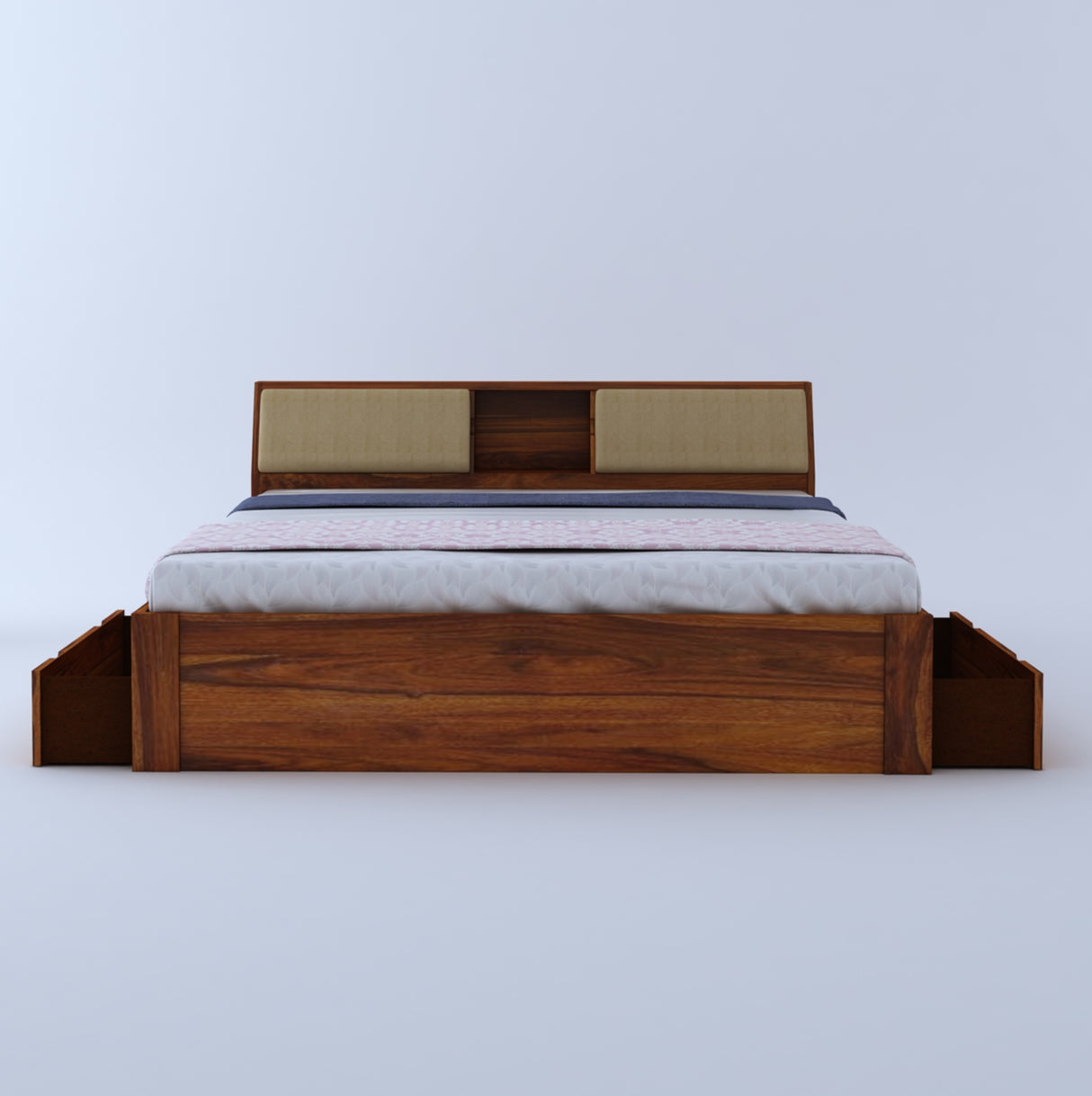 Mayor Solid Sheesham Wood Bed with Two Drawer Storage Natural - 3 Years Warranty