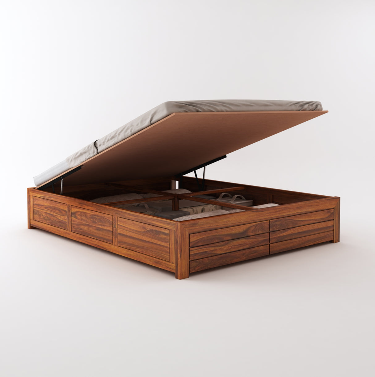 Italian Solid Sheesham Wood Bed With Hydraulic Storage Without Headboard - 3 Years Warranty