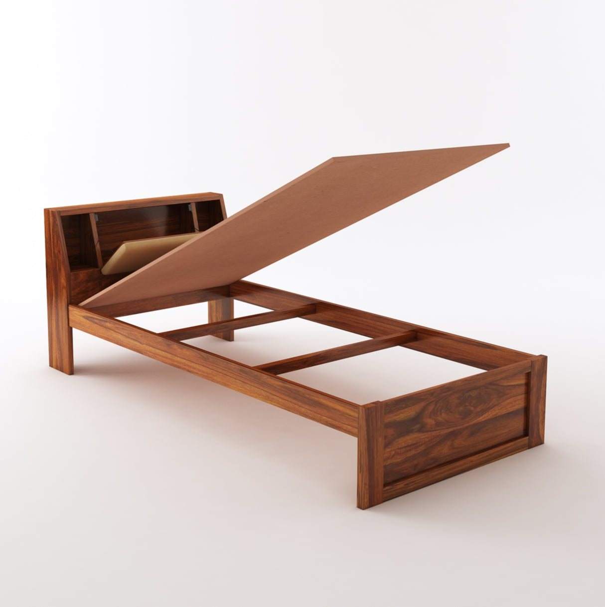 Mayor Solid Sheesham Wood Single Size Bed With Headboard Storage - 3 Years Warranty