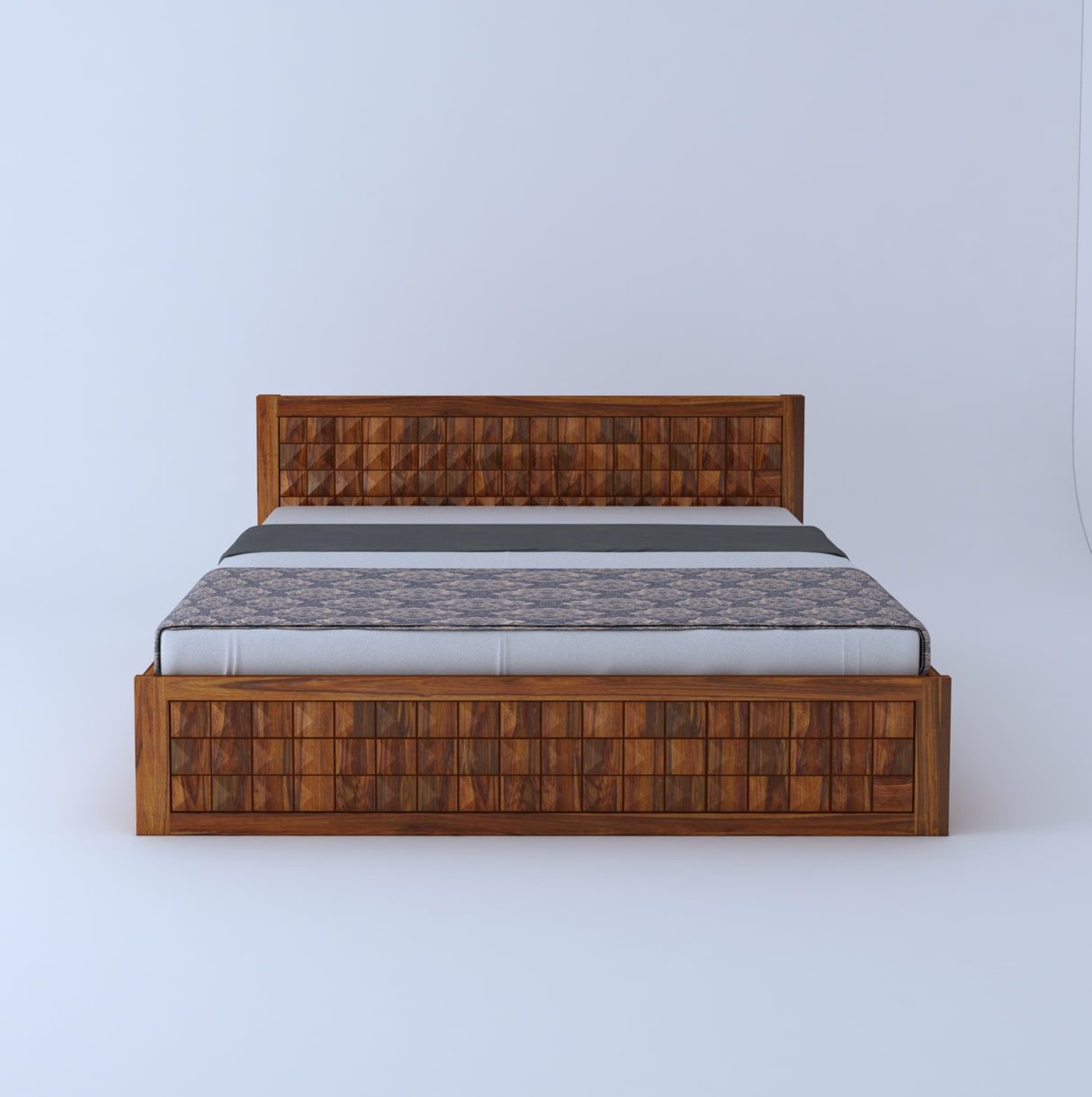 Oslo Diamond Solid Sheesham Wood Bed With Half Box and Trolly Storage - 3 Years Warranty