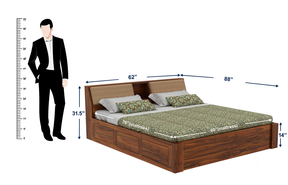 Mayor Solid Sheesham Wood Bed with Box Storage - 3 Years Warranty