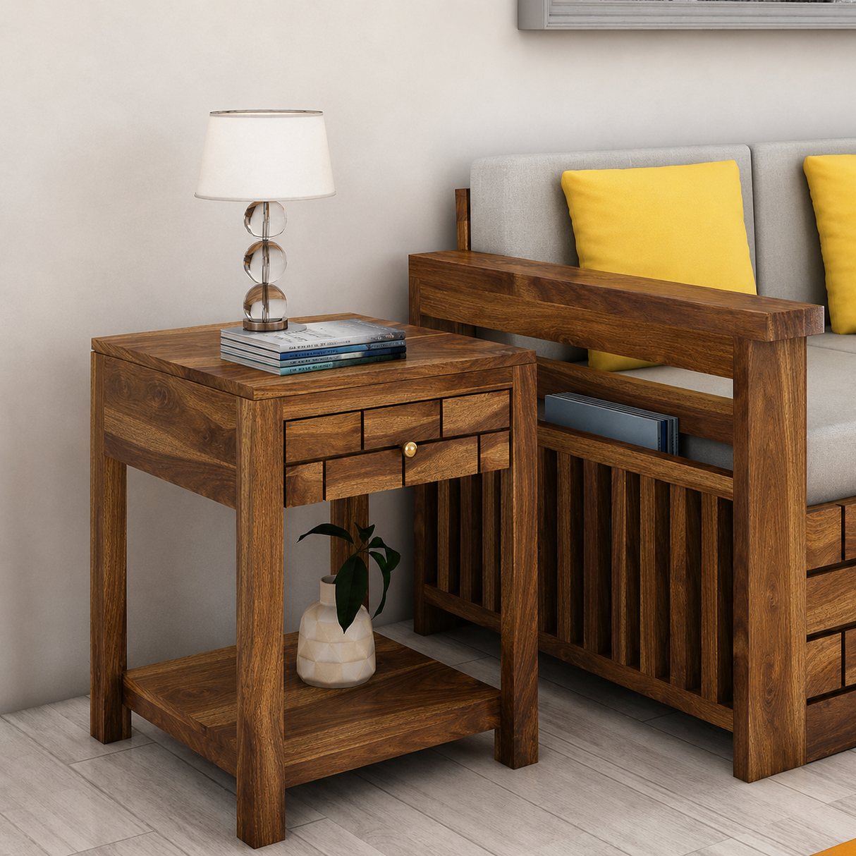 Italian Solid Sheesham Wood Side Table With One Drawer - 3 Years Warranty
