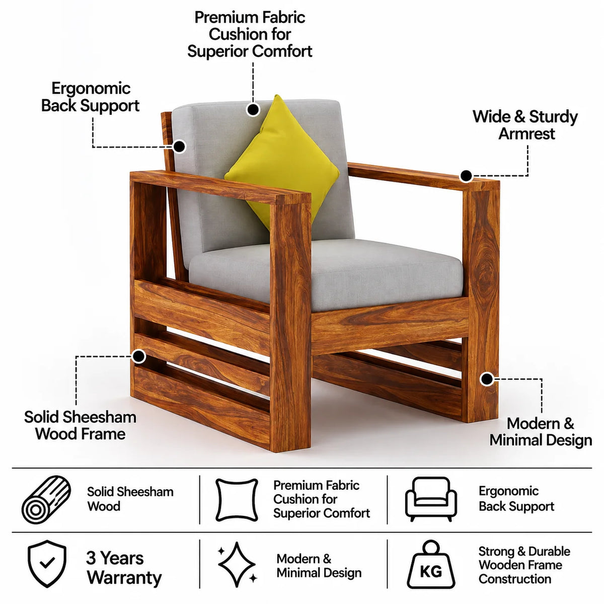 Lurid Solid Sheesham Wood Single Seater Sofa - 3 Years Warranty