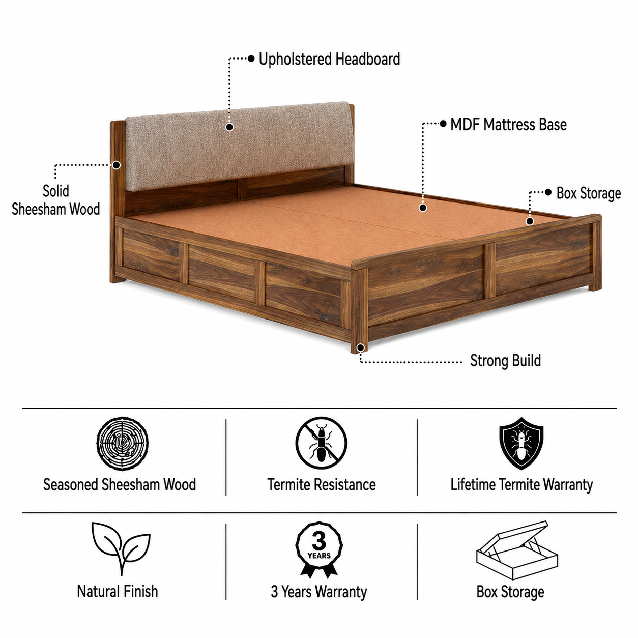 Boston Solid Sheesham Wood Bed With Box Storage - 3 years Warranty features