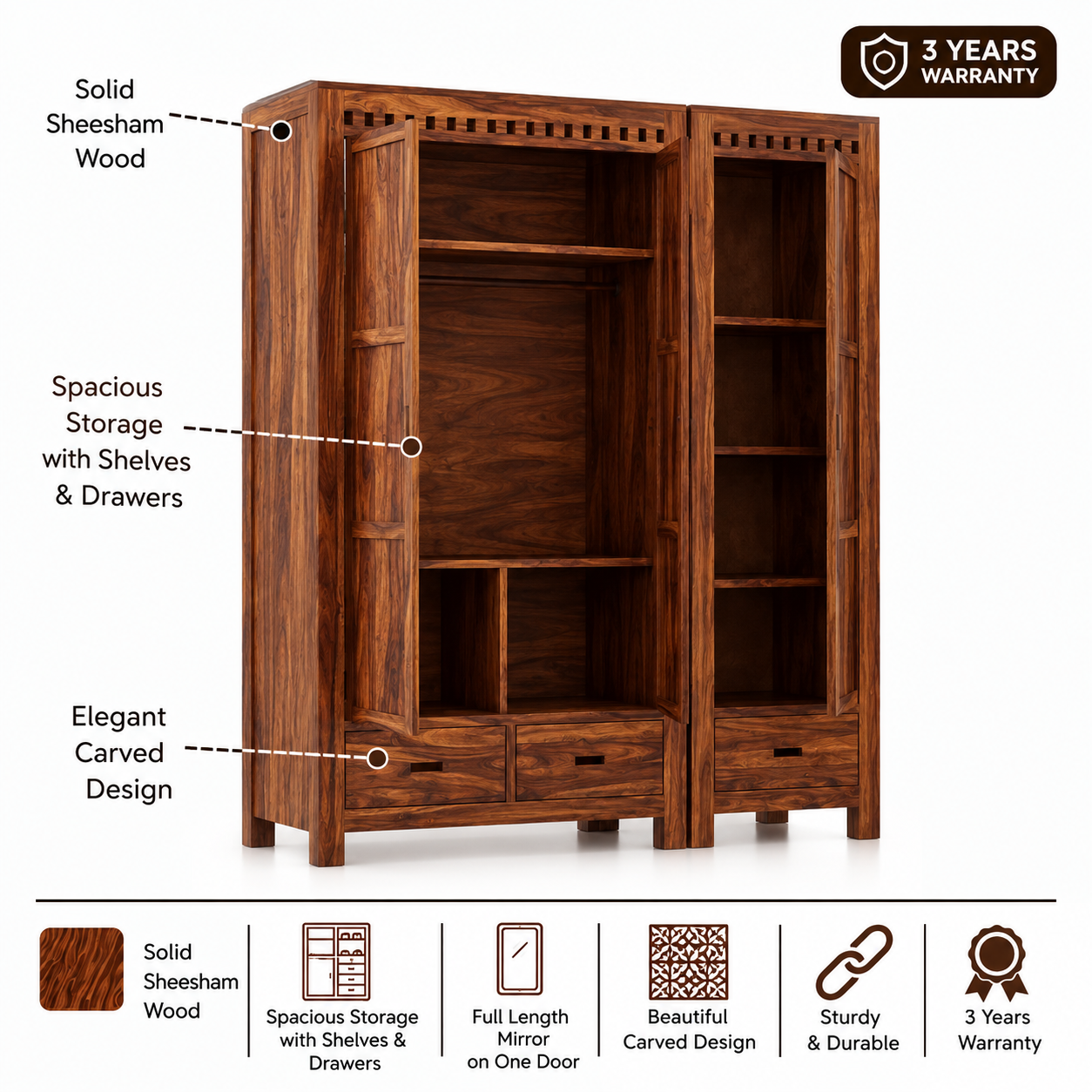 Armania Solid Sheesham Wood Dual Wardrobe/Almirah - 3 Years Warranty features