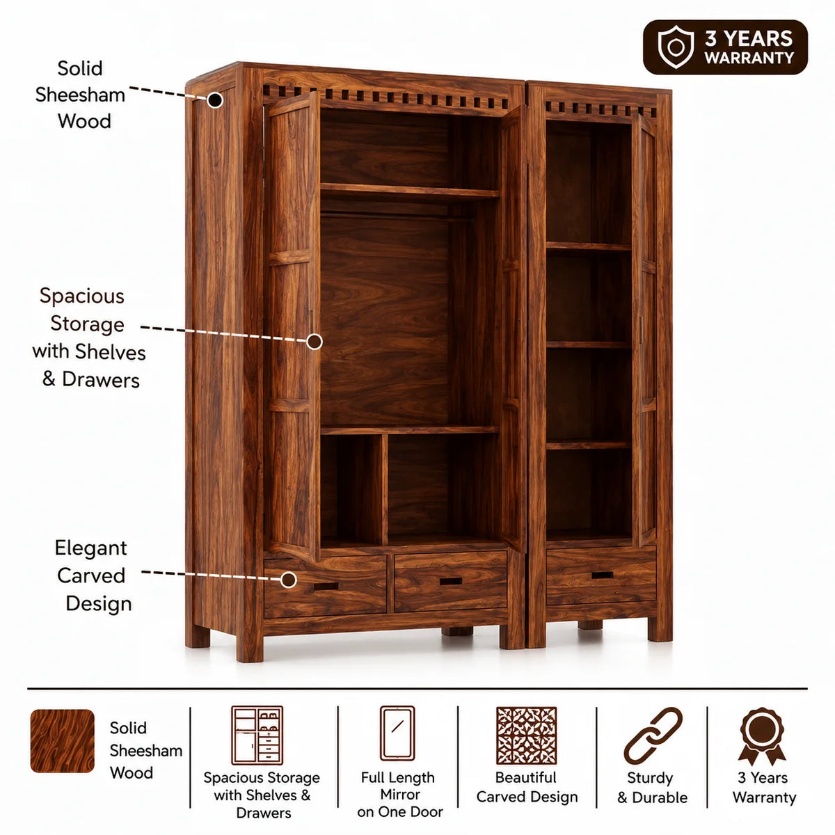 Armania Solid Sheesham Wood Dual Wardrobe/Almirah - 3 Years Warranty