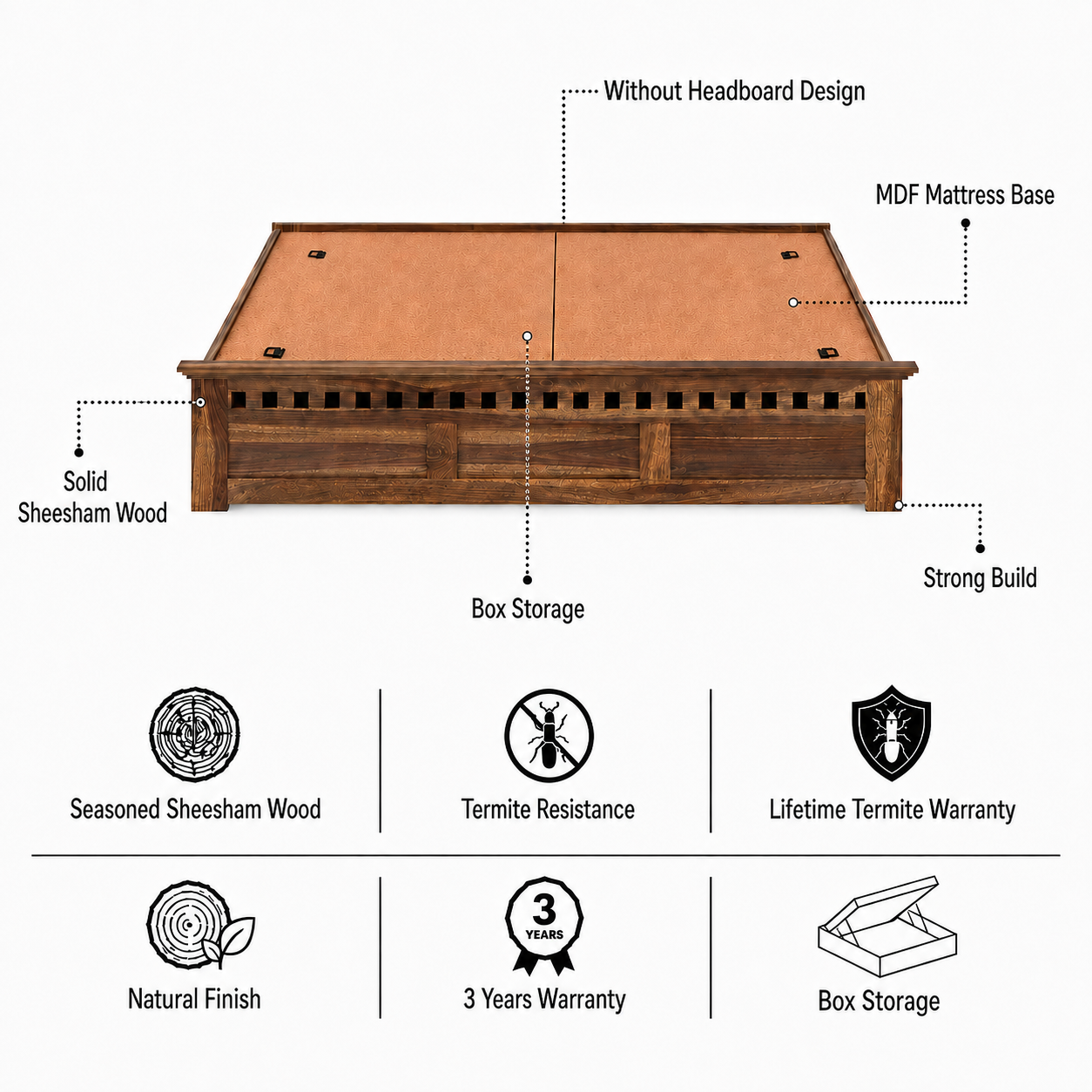Armania Solid Sheesham Wood Bed With Box Storage Without Headboard - 3 years Warranty features