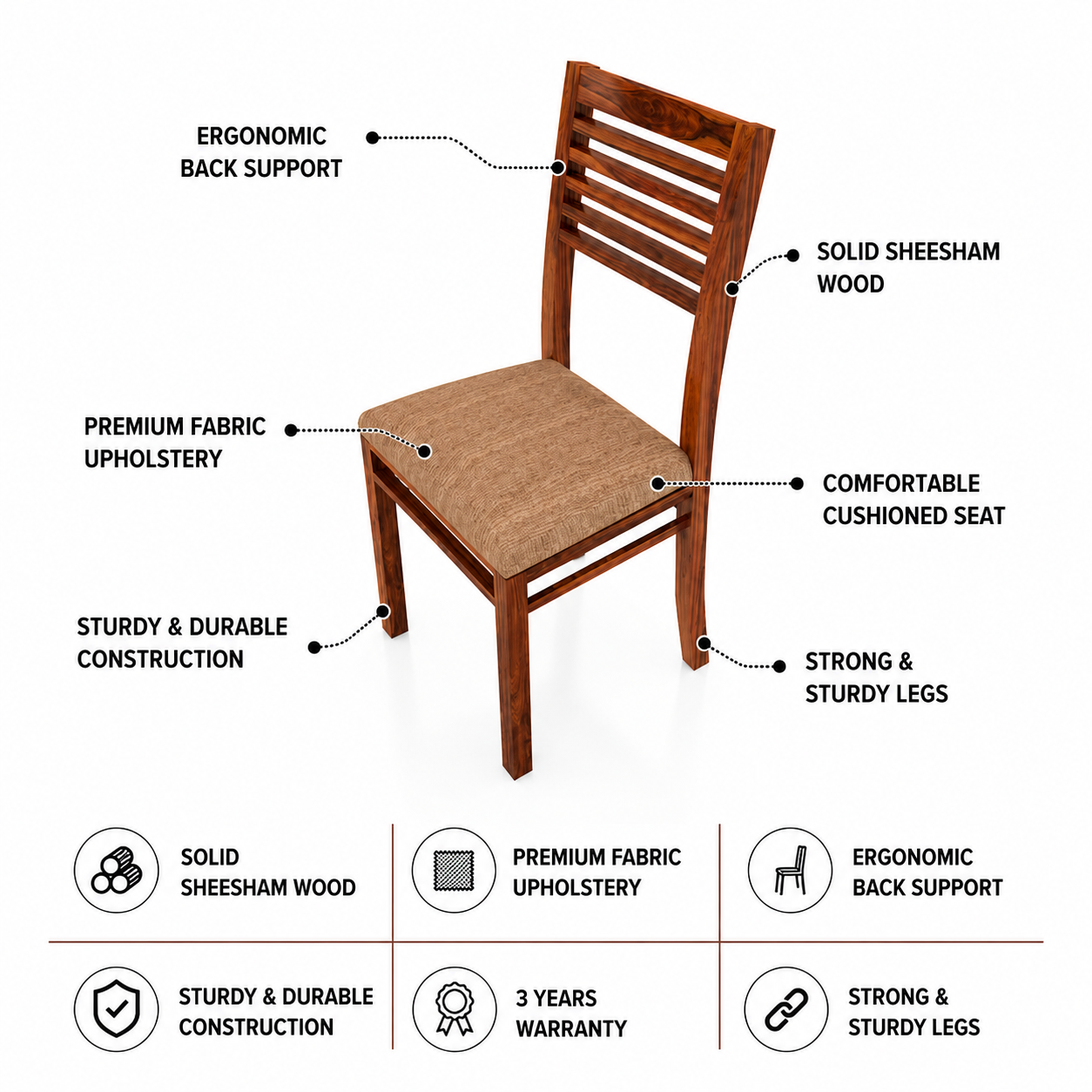Foster Solid Sheesham Wood Dining Chair - 3 Years Warranty features