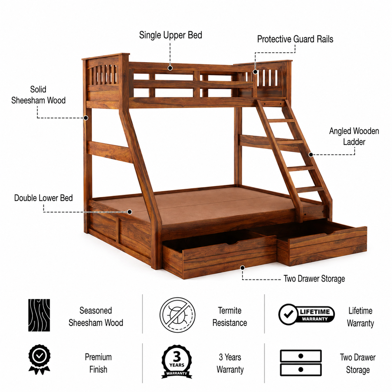 RIO Solid Sheesham Bunk Bed With Drawer Storage - 3 Years Warranty features