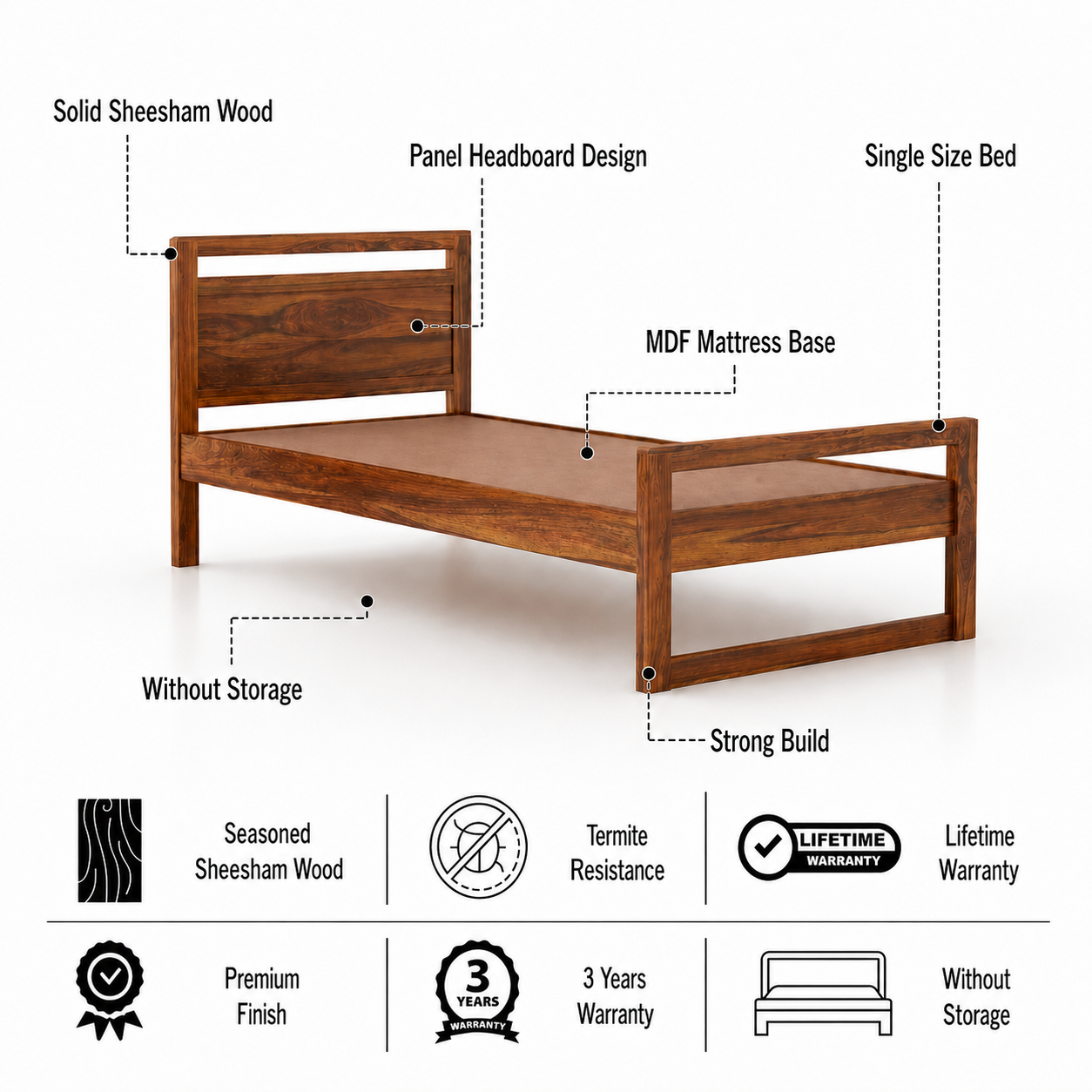 Rio Solid Sheesham Wood Single Size Bed (Big) - 3 Years Warranty features