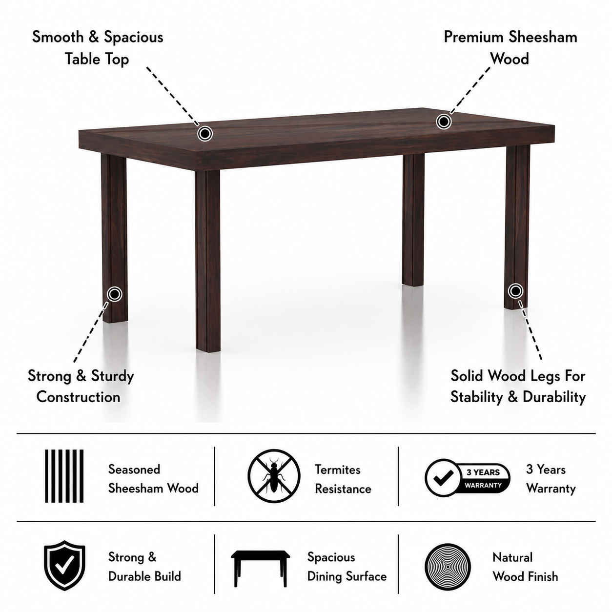 Jaipur Solid Sheesham Wood 6 Seater Dining Table - 3 Years Warranty features