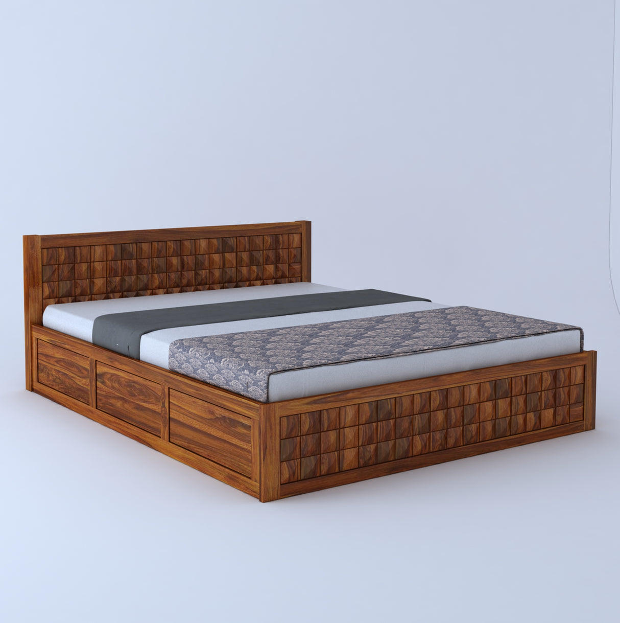 Oslo Diamond Solid Sheesham Wood Bed With Half Box and Trolly Storage - 3 Years Warranty