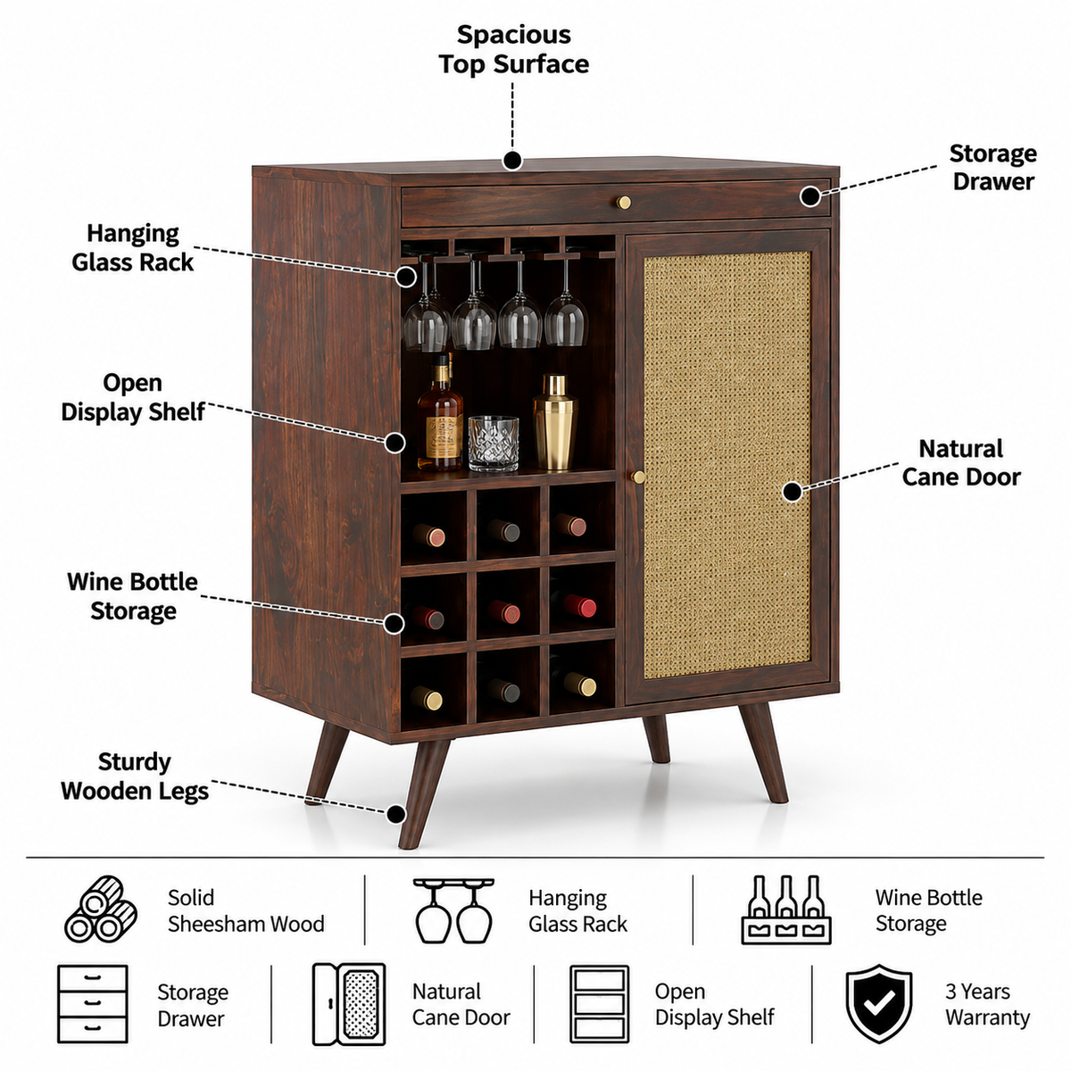 Syrus Solid Sheesham Wood Bar Unit - 3 Year Warranty features